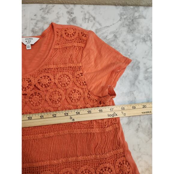 Crown & Ivy Women's Orange Crochet Short Sleeve Round Neck Blouse‎ Petite Medium - Picture 5 of 6